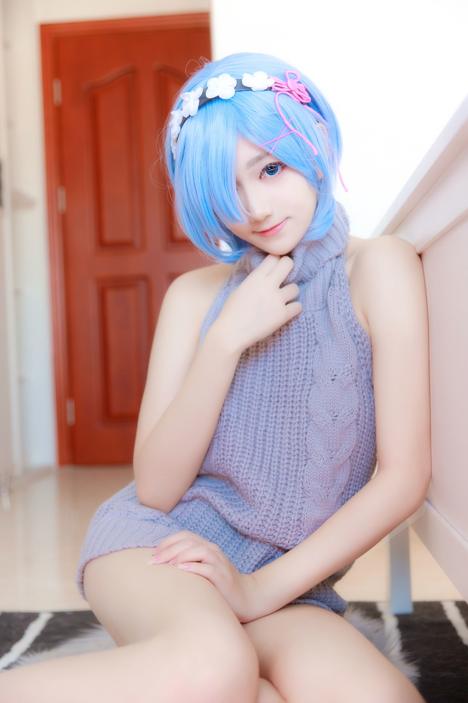[萝莉COS] 南桃Momoko – 蕾姆露背毛衣 Cosplay-第1张
