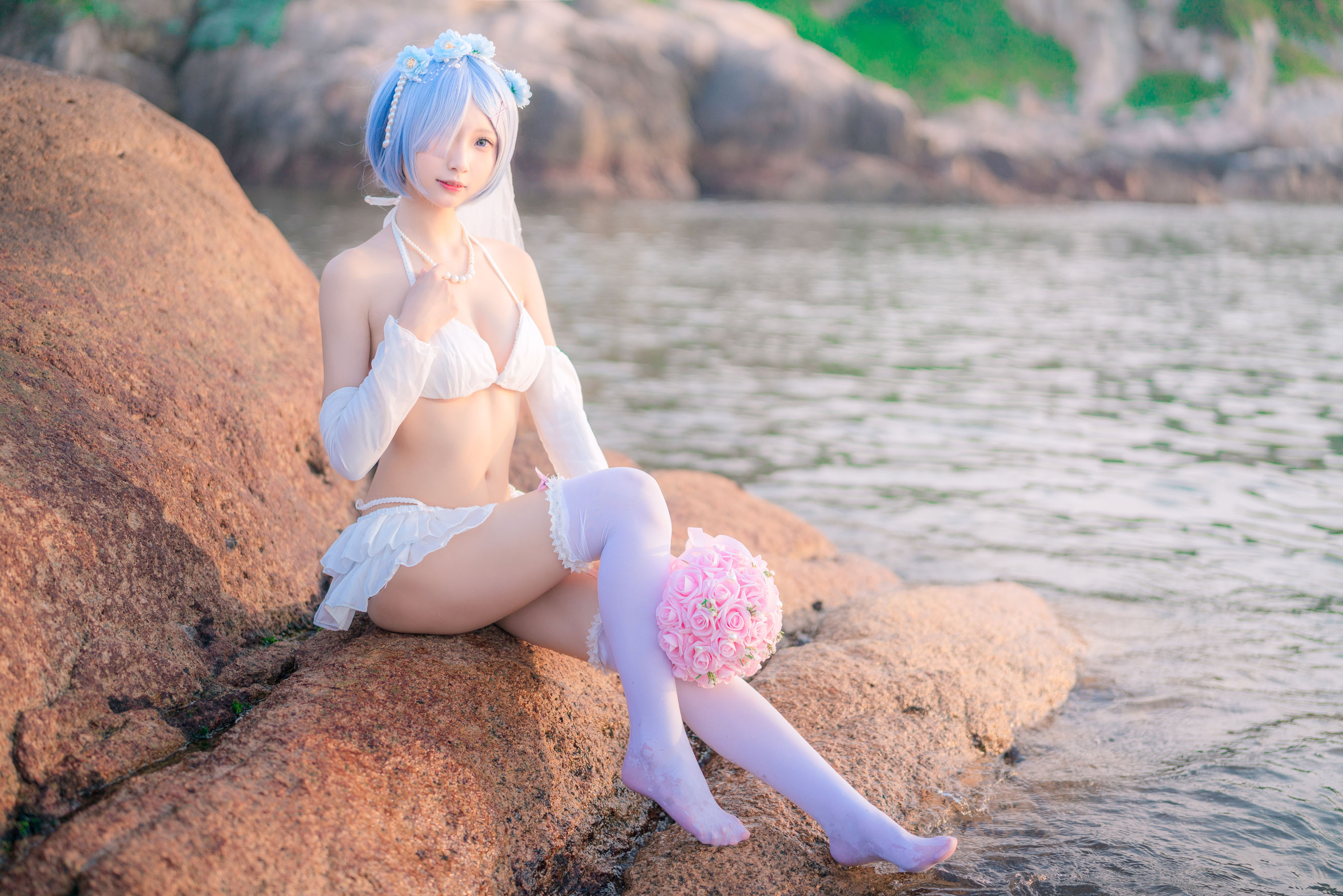 橙子喵 – 蕾姆海边婚纱花嫁 Cosplay-第3张