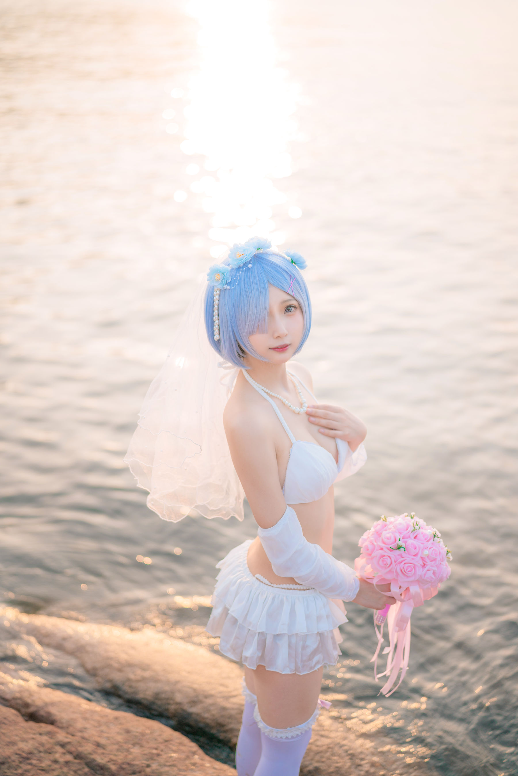 橙子喵 – 蕾姆海边婚纱花嫁 Cosplay-第6张