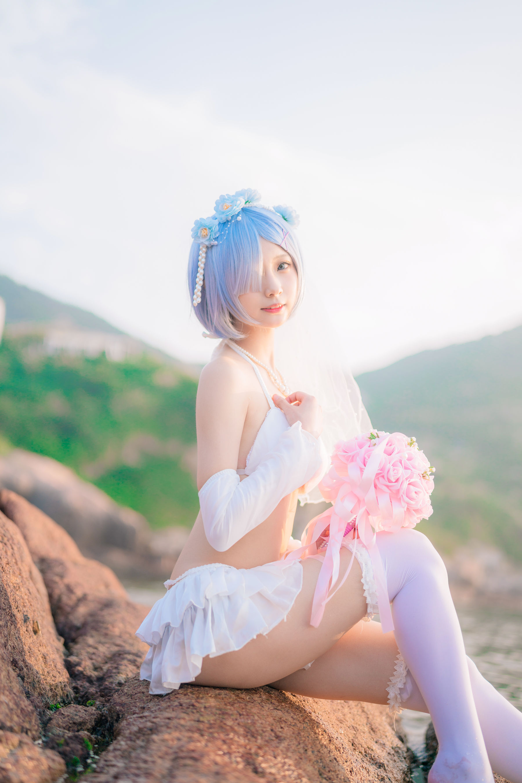 橙子喵 – 蕾姆海边婚纱花嫁 Cosplay-第18张