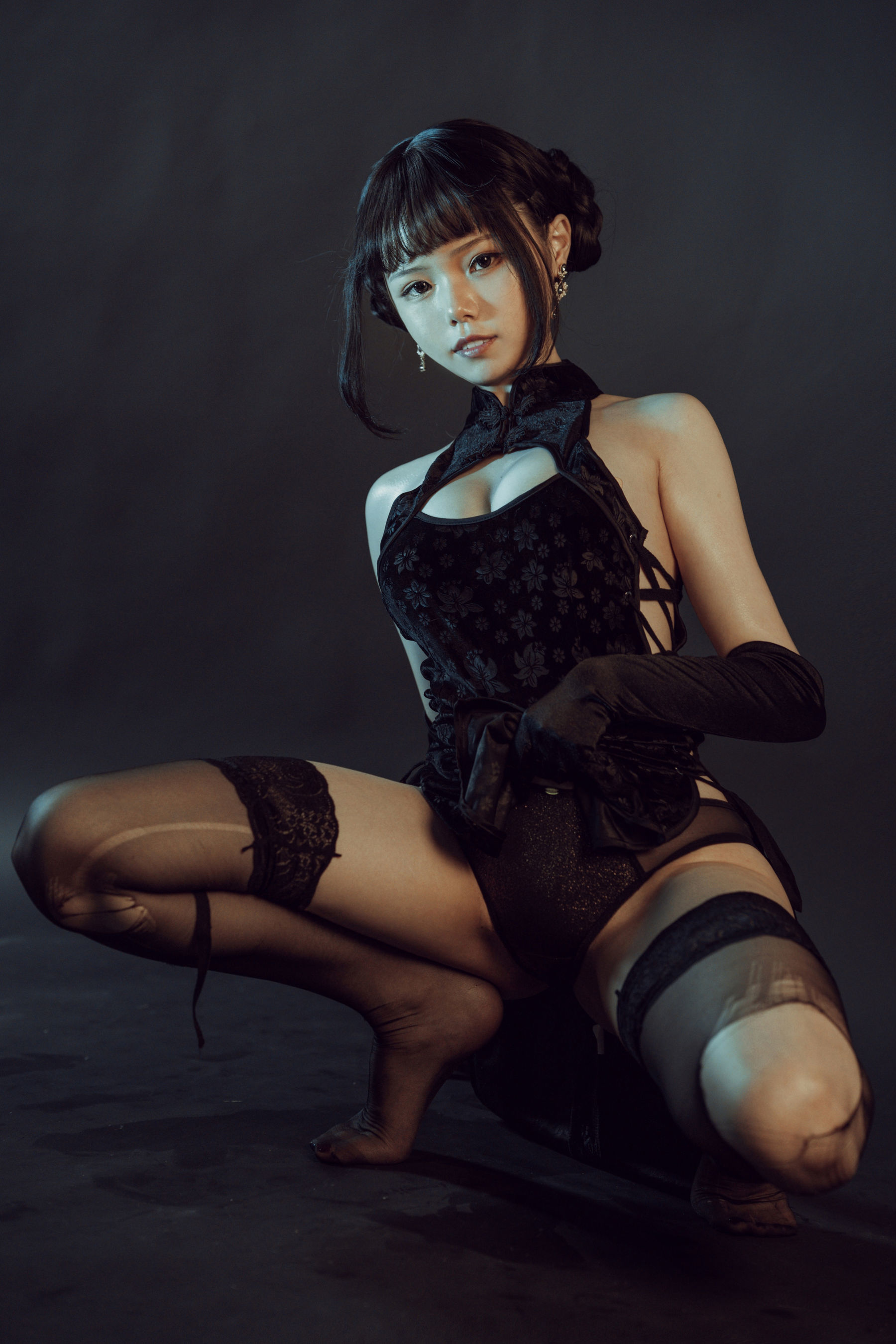 七月喵子 – 黑旗袍 Cosplay-第30张